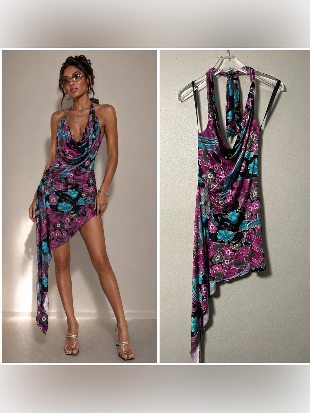 VTG Y2K Baby Phat Denim Babydoll Halter Dress Indie Bead Feather Tie Trim S/M